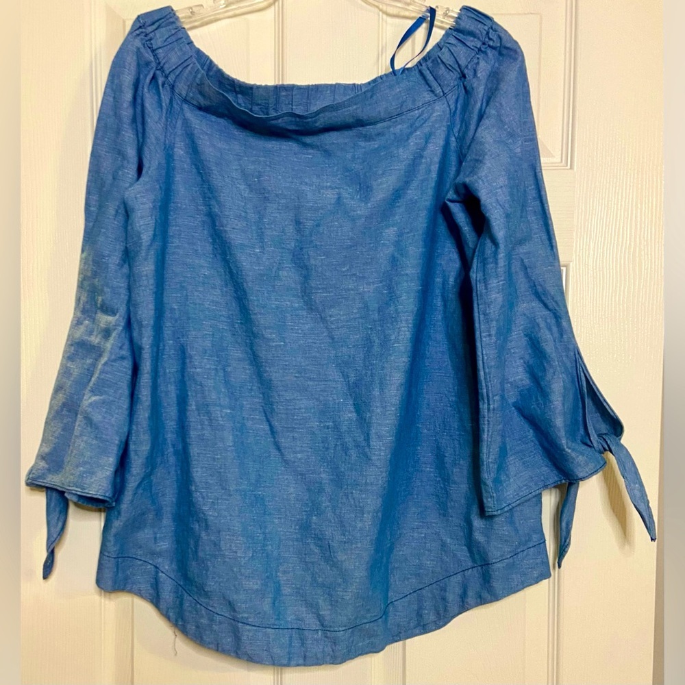 Free People Linen Blend Blue Off The Shoulder Chambray Blouse Top size Small